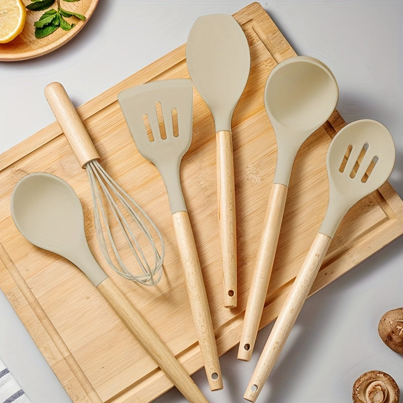 12pcs/set, Silicone Utensil Set, Kitchen Utensil Set, Safety Cooking Utensils Set, Non-Stick Cooking Utensils Set With Wooden Handle, Washable Modern Cookware, Kitchen Stuff, Kitchen Gadgets, Kitchen Essentials Kitchen Access