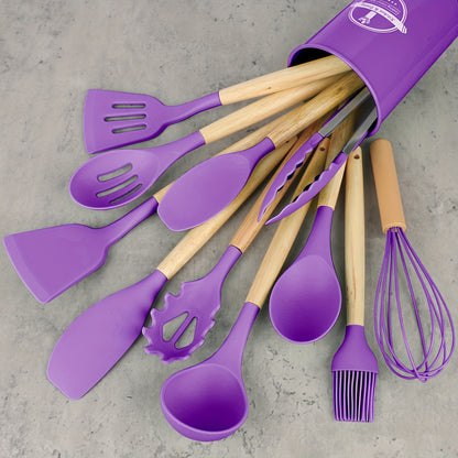 12pcs/set, Silicone Utensil Set, Kitchen Utensil Set, Safety Cooking Utensils Set, Non-Stick Cooking Utensils Set With Wooden Handle, Washable Modern Cookware, Kitchen Stuff, Kitchen Gadgets, Kitchen Essentials Kitchen Access