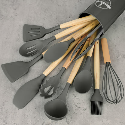 12pcs/set, Silicone Utensil Set, Kitchen Utensil Set, Safety Cooking Utensils Set, Non-Stick Cooking Utensils Set With Wooden Handle, Washable Modern Cookware, Kitchen Stuff, Kitchen Gadgets, Kitchen Essentials Kitchen Access