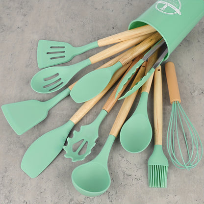 12pcs/set, Silicone Utensil Set, Kitchen Utensil Set, Safety Cooking Utensils Set, Non-Stick Cooking Utensils Set With Wooden Handle, Washable Modern Cookware, Kitchen Stuff, Kitchen Gadgets, Kitchen Essentials Kitchen Access