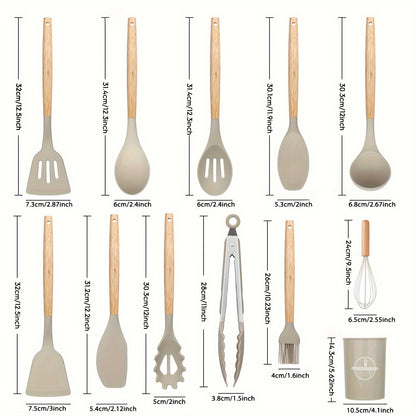 12pcs/set, Silicone Utensil Set, Kitchen Utensil Set, Safety Cooking Utensils Set, Non-Stick Cooking Utensils Set With Wooden Handle, Washable Modern Cookware, Kitchen Stuff, Kitchen Gadgets, Kitchen Essentials Kitchen Access