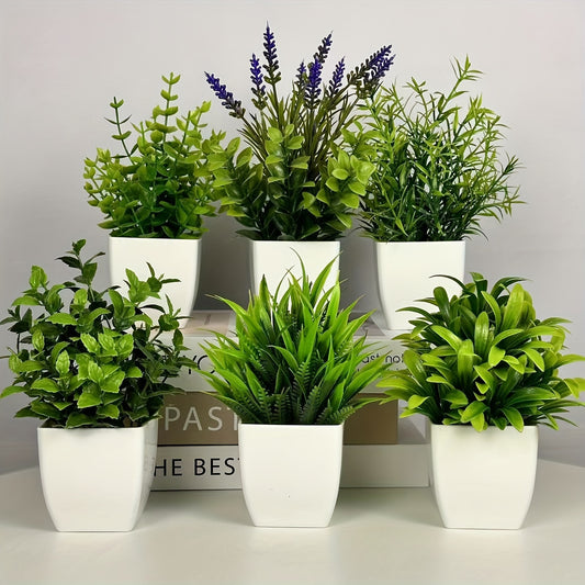 6pcs Mini Artificial White Flowerpot Green Plant - Realistic Simulation Plant for Home Office Bathroom Bedroom Decoration - Plastic Lavender Plant Pot with Small Size and Low Maintenance for Indoor Greenery