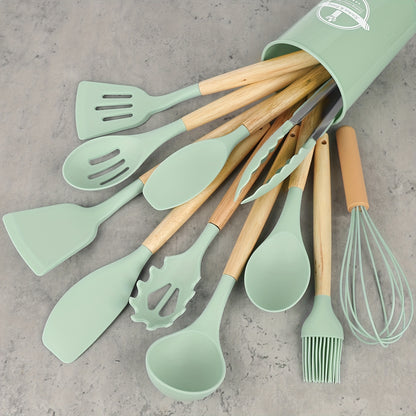 12pcs/set, Silicone Utensil Set, Kitchen Utensil Set, Safety Cooking Utensils Set, Non-Stick Cooking Utensils Set With Wooden Handle, Washable Modern Cookware, Kitchen Stuff, Kitchen Gadgets, Kitchen Essentials Kitchen Access