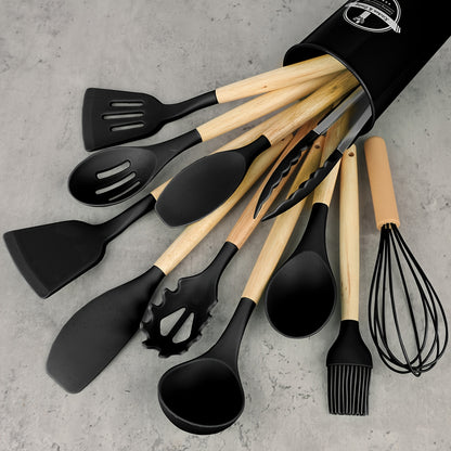 12pcs/set, Silicone Utensil Set, Kitchen Utensil Set, Safety Cooking Utensils Set, Non-Stick Cooking Utensils Set With Wooden Handle, Washable Modern Cookware, Kitchen Stuff, Kitchen Gadgets, Kitchen Essentials Kitchen Access