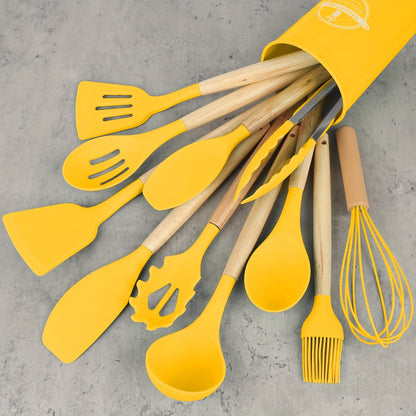 12pcs/set, Silicone Utensil Set, Kitchen Utensil Set, Safety Cooking Utensils Set, Non-Stick Cooking Utensils Set With Wooden Handle, Washable Modern Cookware, Kitchen Stuff, Kitchen Gadgets, Kitchen Essentials Kitchen Access